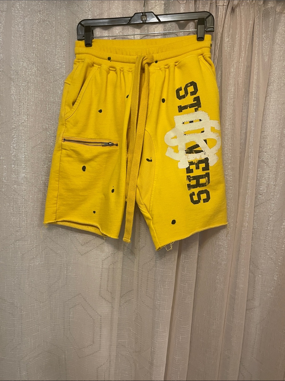 Men's Yellow Athletic Drawstring Shorts with Graphic Logo
